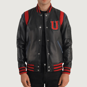 เสื้อแจ็คเก็ตหนัง PU สำหรับผู้ชาย ปักตัวอักษร U สีแดงดำ สไตล์วิทยาลัย แฟชั่นแบบ Preppy เสื้อคลุมลำลองสำหรับฤดูใบไม้ร่วง - Product Image 1