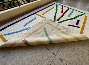 Alfombra Persa Blanca Multicolor de Lana, Tejida a Mano, Pelo Medio, Apta para Mascotas, con Flecos, Diseño Geométrico, Antideslizante y Ecológica - Product Image 3
