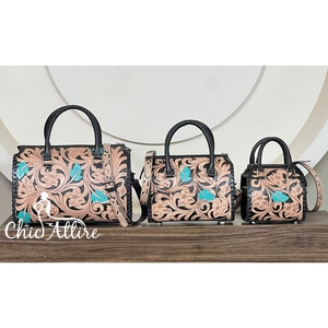 Bolso de Hombro Cruzado de Cuero Genuino de Alta Calidad, Tallado a Mano con Diseño Floral y de Hojas Estilo Western, para Mujer - Product Image 1