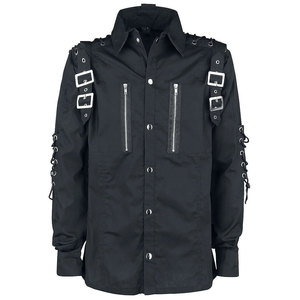 <b>Men's</b> Gothic Punk Shirt Long Sleeve Black Cotton Top with Buckle Straps Eyelet Lacing and Zipper Pockets Alternative Rock - Product Image 1