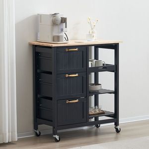 Carrello da Cucina a Tre Cassetti e Tre Ripiani con Maniglia Color Bronzo, 76*37*84cm, Piano in Legno Verniciato Nero - Product Image 4