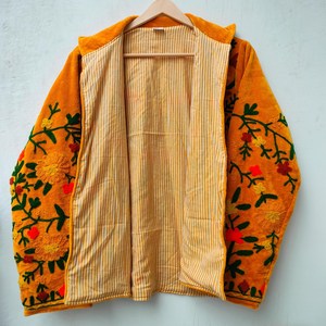 Handcrafted Mustard Velvet <b>Quilted</b> Jacket Kashmiri Floral Crewel Embroidery Bohemian Winter Coat Festival Wear Breathable - Product Image 1