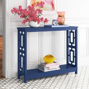 Table console convertible bleu marine avec miroir, design géométrique, étagère inférieure ouverte, mobilier moderne pour entrée d'hôtel - Product Image 2