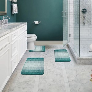 Striped Chenille Bath <b>Mat</b> <b>Set</b> 3 Piece Non-Slip Rubber Backing Modern Home Use Rectangle Shape Teal Color - Product Image 2