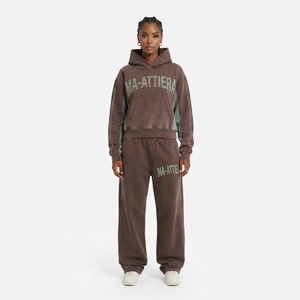 Ensemble survêtement personnalisé pour femme, sweat à capuche et pantalon de survêtement, délavé à l'acide, marron et vert, color block, OEM, vente en gros - Product Image 1