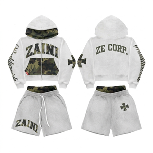 Premium 340 GSM Cotton Fleece Breathable Winter Hoodie Shorts <b>Set</b> Solid Grey Custom Logo Streetwear Wear - Product Image 1