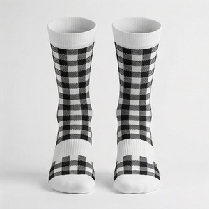 Crew <b>Socks</b> Plaid Pattern <b>Black</b> White Checkered Design Breathable Knitted Regular Style Adult Casual Wear - Product Image 1