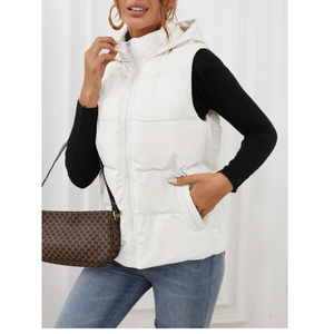 Blouson matelassé sans manches blanc personnalisé à capuche avec fermeture éclair, couleur unie, vêtement d'extérieur décontracté pour femme - Product Image 6