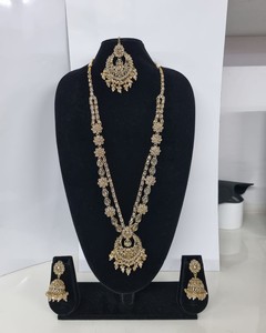 Delicate Floral Alloy Kundan Rani Haar <b>Set</b> Long Necklace <b>Beads</b> Traditional Jhumkas 3 Piece Ethnic Wedding Party Gift Collection - Product Image 4
