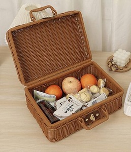 <b>Brown</b> PP Woven Rattan Picnic Basket <b>Storage</b> <b>Box</b> with Handle Lockable Lid for Camping Gift - Product Image 3