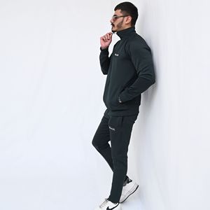 Survêtement vert foncé pour homme, fermeture éclair intégrale, couleur unie, vêtement décontracté avec poches latérales, style automne - Product Image 4