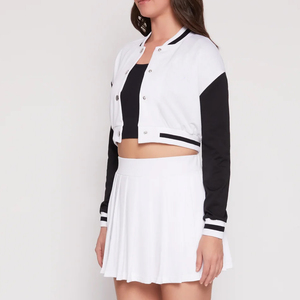 <b>Women's</b> Varsity <b>Jacket</b> White <b>Black</b> Full Sleeve Button Collar Contrast Color Regular Length Winter Style 100% <b>Wool</b> Eco-Friendly - Product Image 1