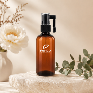 Flacon pulvérisateur rond en PET ambré de 120 ml avec pompe noire, sérigraphié, pour fabricant d'emballages cosmétiques au Vietnam - Product Image 4