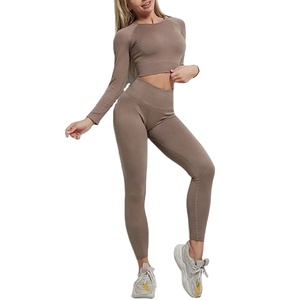 Conjunto de Sujetador deportivo de Yoga acanalado Reversible para mujer, mallas para ejercicio activo de cuello alto, ropa de Fitness impermeable de talla grande - Product Image 1