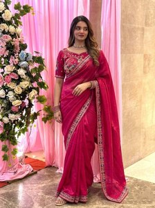 Sari de Organza de Diseño Premium para Mujer, con Bordado Pesado y Adornos en el Borde, Blusa para Bodas Indias, Ropa Étnica para Fiestas de Verano/Invierno - Product Image 4