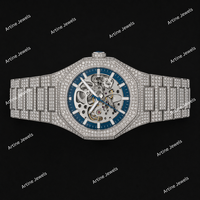 Iced Out Skelett Quarz Edelstahl-Uhr Blaues Zifferblatt Diamant Luxus Mode Vollbesetztes Armband Armbanduhr für Herren