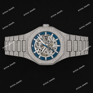 Iced Out <b>Skeleton</b> <b>Automatic</b> <b>Watch</b> Blue Dial Diamond Luxury Timepiece Full Stone Bracelet Mechanical Wristwatch For Men - Product Image 2