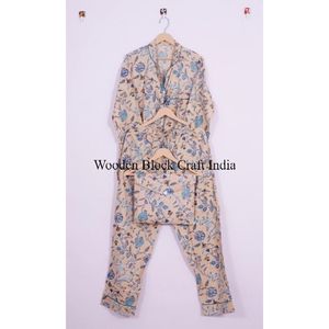 Ensemble de pyjama en coton imprimé à la main avec motifs floraux indiens colorés pour femmes, vêtements de nuit décontractés bohèmes et hippies pour l'été - Product Image 5