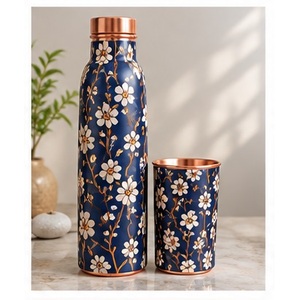 Artistic <b>Copper</b> <b>Water</b> <b>Bottle</b> with Gold Bohemian Pattern Portable Travel Drinkware Set - Product Image 5