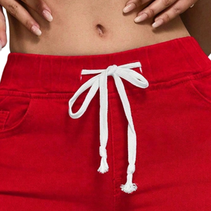 Womens Casual Red Denim Shorts <b>Elastic</b> High <b>Waist</b> Drawstring Ripped Distressed Raw Hem Short Streetwear Fashion Everyday <b>Jeans</b> - Product Image 3