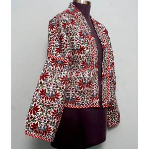 Indian Handmade Kantha <b>Jacket</b> <b>Women</b> 100% Cotton Eco-Friendly Breathable Logo Floral Print <b>Short</b> length Full <b>Sleeve</b> Spring Casual - Product Image 4