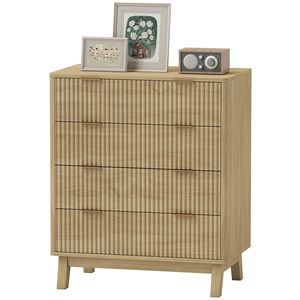 Comò doppio autoportante scanalato con maniglie dorate, 4 gambe in legno e 4 cassetti, finitura legno naturale - Product Image 1