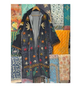 Black Embroidered Velvet Kimono Coat Handcrafted Long <b>Duster</b> Jacket Boho Statement Outerwear Festival Wear Summer 100% Cotton - Product Image 1