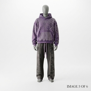 Conjunto de Sudadera con Capucha Morada Personalizada con Pedrería y Pantalones Jogger Negros de Pierna Ancha, de Algodón y Felpa, Estilo Urbano, Venta al por Mayor OEM - Product Image 4