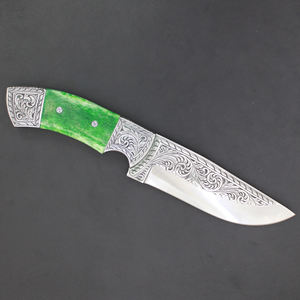 มีดพับทำมือ Damascus Custom OEM ด้ามทำจากกระดูกอูฐและเขาควาย สลักลาย พร้อมปลอกหนัง - Product Image 6