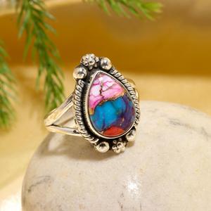 Pear Shape <b>Statement</b> <b>Ring</b> Gift For Love Pink Spiny Oyster Turquoise 925 Sterling <b>Silver</b> Gemstone Handmade Jewelry <b>Ring</b> - Product Image 1