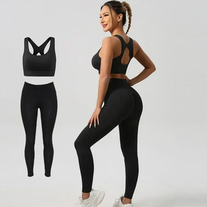 Ensemble de yoga 2 pièces sans couture en Spandex/Nylon écologique, comprenant un legging côtelé taille haute sans manches et un soutien-gorge de sport, motifs Léopard/Uni avec dentelle sur le devant - Product Image 2