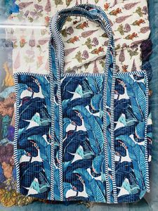 Blue Tropical Leaf Print Quilted Cotton <b>Boho</b> Style Drawstring Closure Large Tote <b>Bag</b> Women Handmade Reusable Shopping Shoulder - Product Image 3