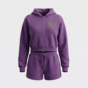 <b>Women's</b> 2 Piece Hooded Sweatshirt <b>Set</b> With Embroidered Flower Design Casual Fleece Shorts Outfit Above Knee Length - Product Image 1