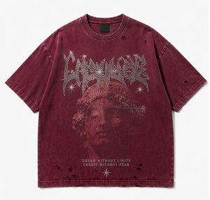 เสื้อยืดกราฟิกสไตล์วินเทจประดับเพชรเทียมทรงโอเวอร์ไซส์สำหรับผู้ชาย ลุคสตรีทแวร์แบบทำสีซีดขาดๆ ผ้าคอตตอนหนานุ่ม สไตล์ Y2K แฟชั่นลำลอง - Product Image 1
