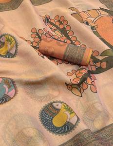 Adorable y hermoso sari de diseñador. Información sobre el sari: Tela con paneles beige natural enriquecidos con bordes vibrantes en rosa rani. - Product Image 3