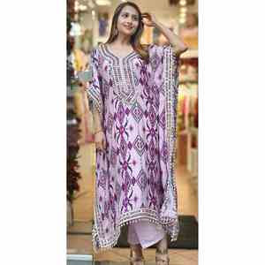 FANTAISIE CHINON SOIE BRODERIE SÉQUENCE IMPRESSION NUMÉRIQUE TRAVAIL KAFTAN PALAZZO LAVANDE - Product Image 1