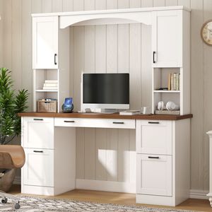 Farmhouse Arched Computer Desk with Hutch Mid Century Walnut Home <b>Office</b> <b>Workstation</b> Charging Station and Keyboard Tray - Product Image 2