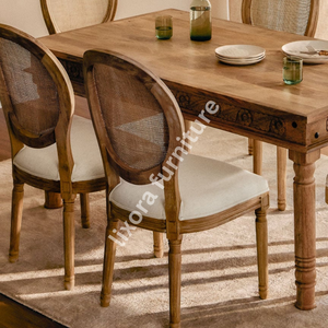Luxury Handcrafted <b>Solid</b> <b>Wood</b> 6 Seater Dining <b>Table</b> Set Ornate Floral Carving Natural Finish Cane - Product Image 3