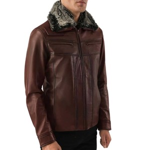 Chaqueta de Cuero Genuino de Oveja Marrón Sólido para Hombre, Estilo Casual, Gruesa, con Cuello de Piel Sintética y Cremallera Frontal, Abrigo de Invierno - Product Image 3