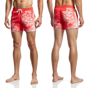 Shorts de bain de luxe pour hommes Coral Horizon avec graphismes numériques artistiques de qualité supérieure, légers, séchage rapide, pour la plage en été - Product Image 1