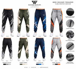 Pantalon de jogging sportif pour homme, blanc et bleu, imprimé par sublimation, taille élastique avec cordon de serrage, logo Move Higher sur la jambe droite, respirant - Product Image 5