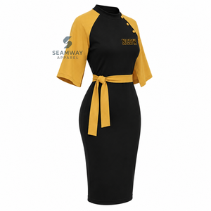 Robe midi moulante noire et or contrastée pour femme NCBW, avec manches cape, détails boutonnés et ceinture ajustée, style décontracté - Product Image 3