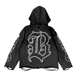 Sudadera con capucha negra con estampado gráfico desgastado, lavado vintage, estampado de retrato, estilo streetwear oversized, estética grunge, sudaderas de algodón premium cómodas. - Product Image 2