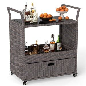 Carrello Bar da Esterno in Rattan PE Intrecciato a Mano con Piano in Vetro Temperato e Cassetto, 4 Ruote con Freni, Carrello di Servizio per Arredamento da Giardino - Product Image 1