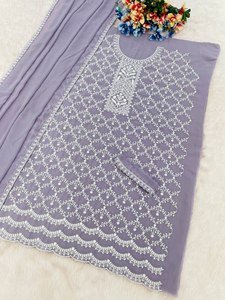 Traje Salwar de Rayón Bordado en Lavanda para Mujer con Dupatta, Ropa Casual Tradicional India y Pakistaní, Corte Holgado, Largo hasta el Suelo - Product Image 2