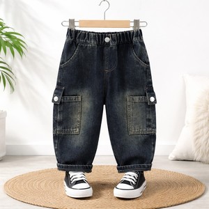 En gros, Jeans cargo amples pour garçons, taille mi-haute, en denim décontracté, style streetwear pour enfants, avec plusieurs poches, effet délavé - Product Image 1