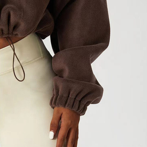 Sweat-shirt court oversize tendance pour femme 2026 en polaire marron, col roulé, manches bouffantes, fermeture éclair sur le devant, pour l'automne, OEM - Product Image 5