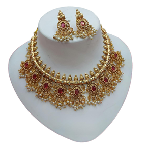 Conjunto de Joyería Chapada en Oro Estilo Templo Antiguo para Mujer con Piedras Kemp, Guttapusalu, Gargantilla y Pendientes Jhumka a Juego para Boda - Product Image 4