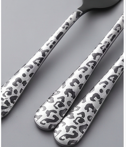 Modern <b>Black</b> Flatware <b>Set</b> With Leopard Print Handles Dishwasher Safe Metal <b>Cutlery</b> For Wedding Tabletop Dining - Product Image 2