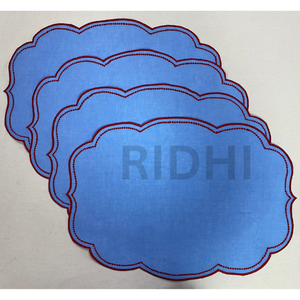 <b>Blue</b> Linen <b>Placemat</b> With Scalloped Red Embroidered Edge Table Mats for Dining, Modern Tableware, Reusable Elegant Kitchen Decor - Product Image 1